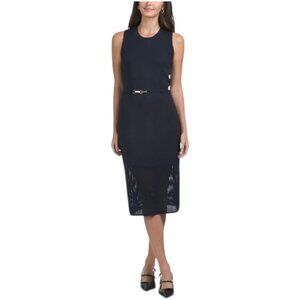 ELIE TAHARI Sleeveless Crew Neck Column Pointelle Midi Dress